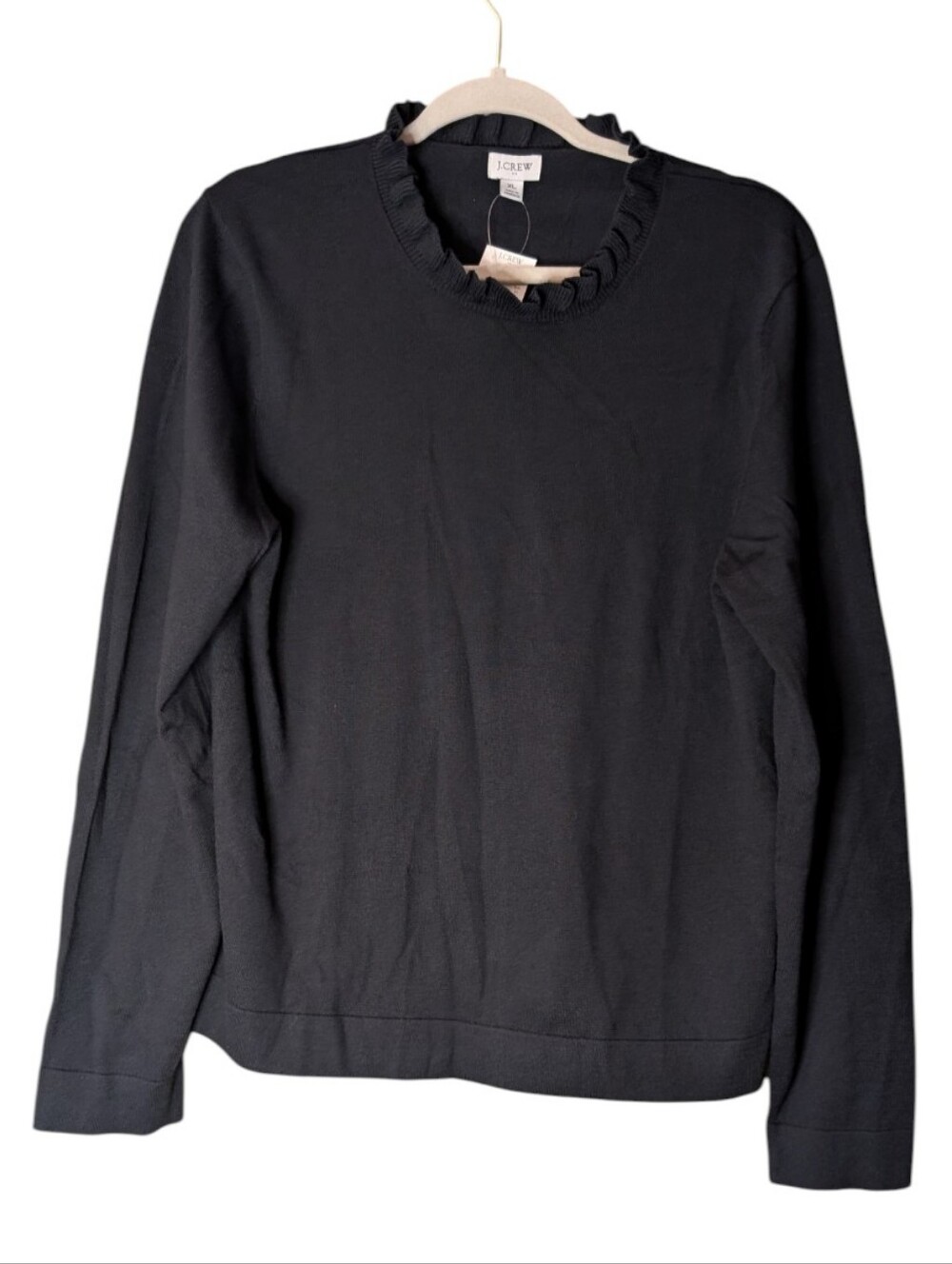 NWT J.Crew black Cotton Ruffle neck Pullover Sweater size XL long sleeve knit